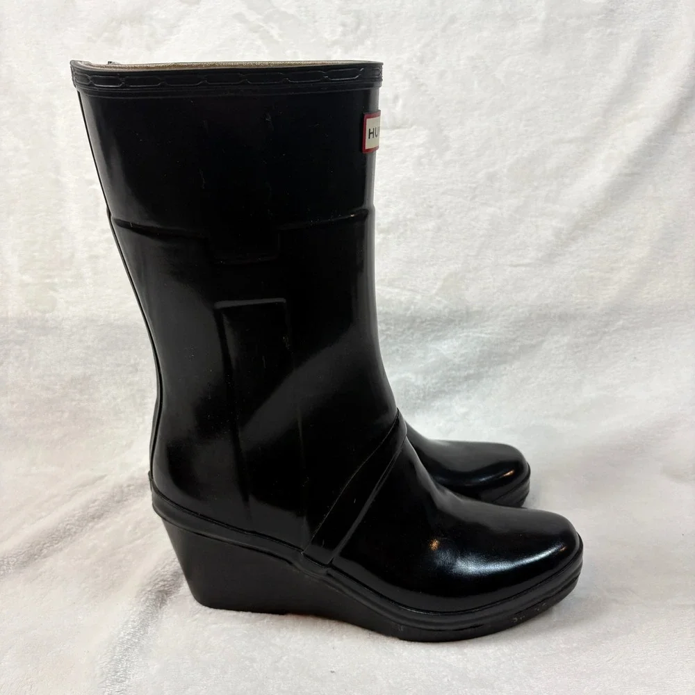 Hunter Kellan Mid Wedge Rain‎ Boots Womens 10 Black Good Glossy Waterproof